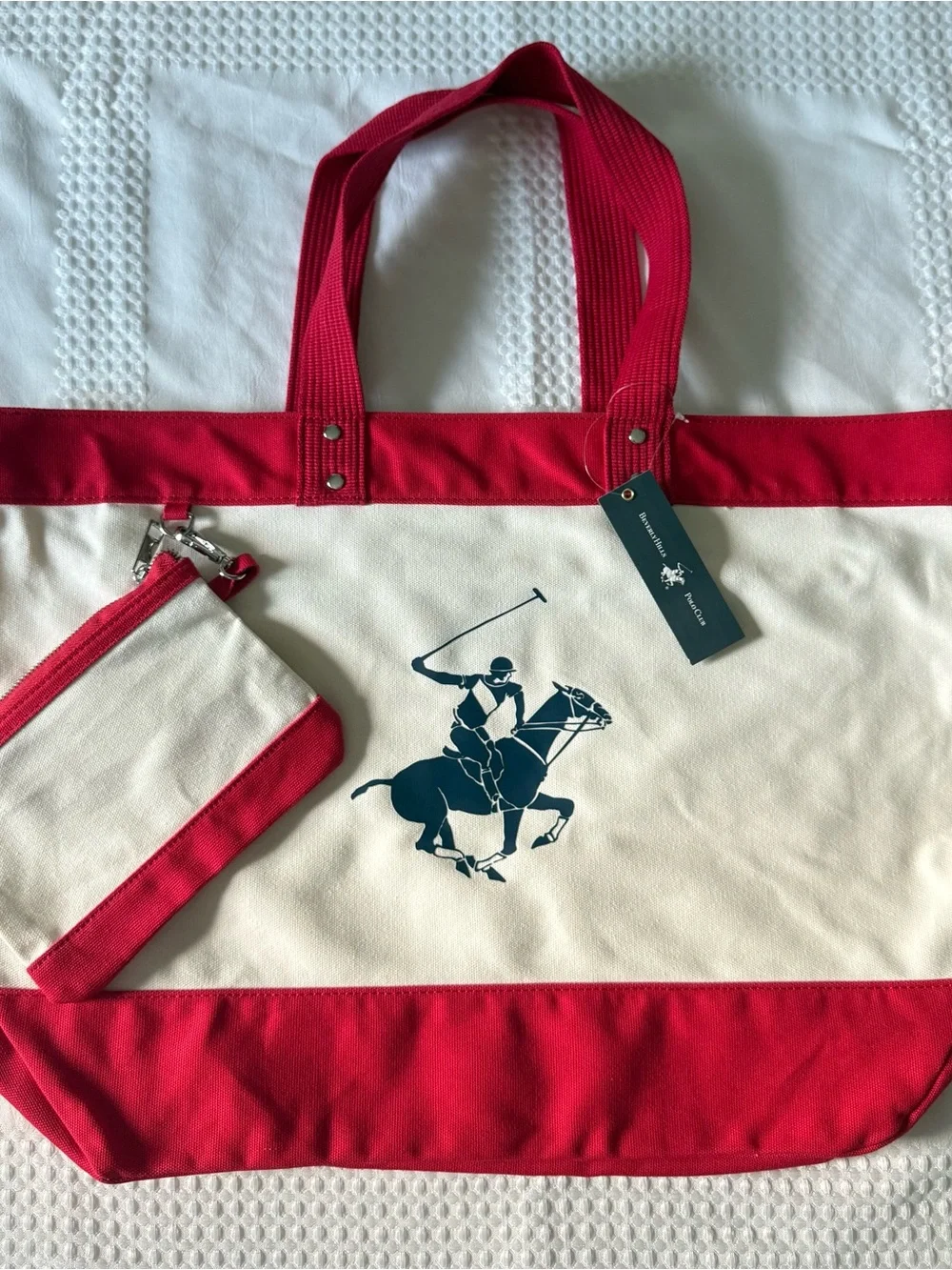 Polo by Ralph Lauren Red and white  Canvas Tote with Navy Polo Logo